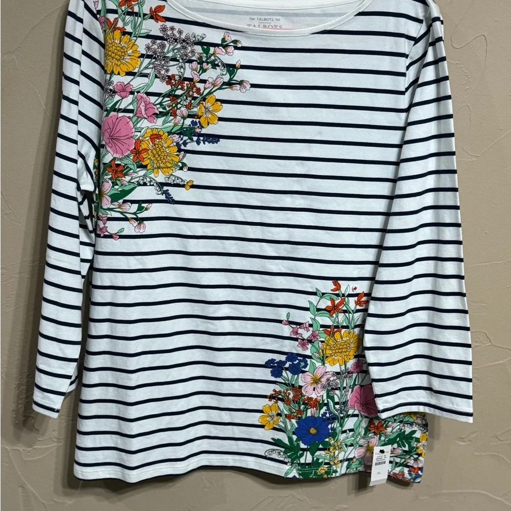 Talbots White & Black Striped Fitted Floral Embellished Long Sleeve Tee NWT - Picture 2 of 5